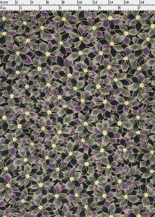 Floral patterned fabric with purple and green flowers on a black background