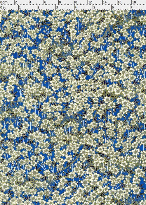 Floral patterned  chiyogami paper with blue and green colors on a white background