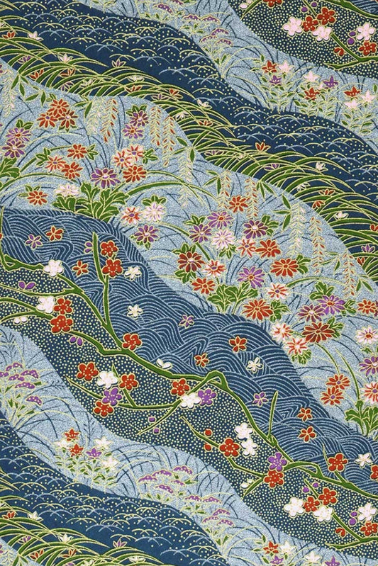 Colorful floral pattern with wavy lines on a blue background