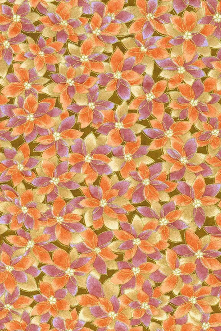 Pattern of orange and purple flowers on a green background