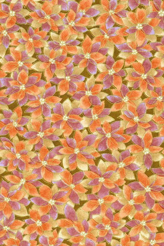 Pattern of orange and purple flowers on a green background
