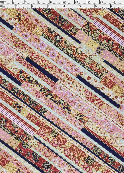 Striped fabric with floral and geometric patterns in red, pink, and gold on a white background.