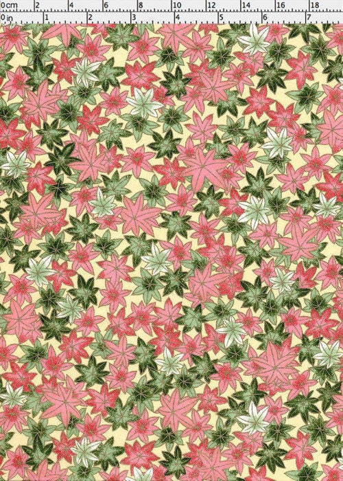 Chiyogami paper with Pattern of pink and green flowers on a beige background with a ruler for scale