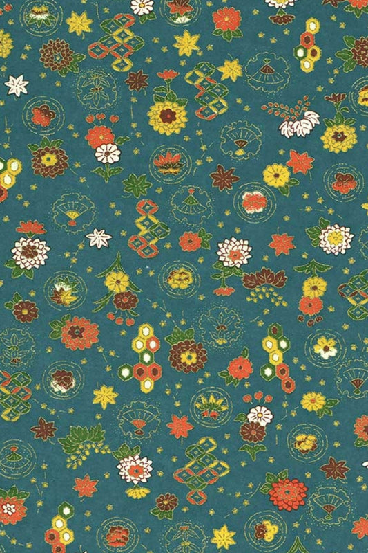 Patterned paper with colorful flowers and leaves on a teal background