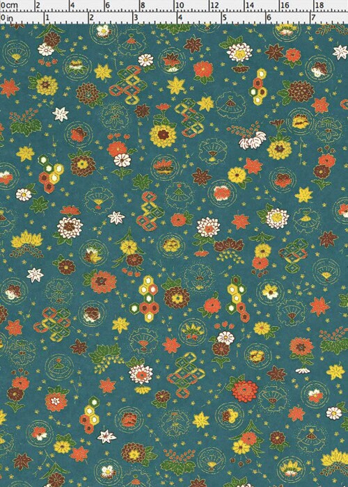 Floral patterned paper with colorful flowers on a teal background