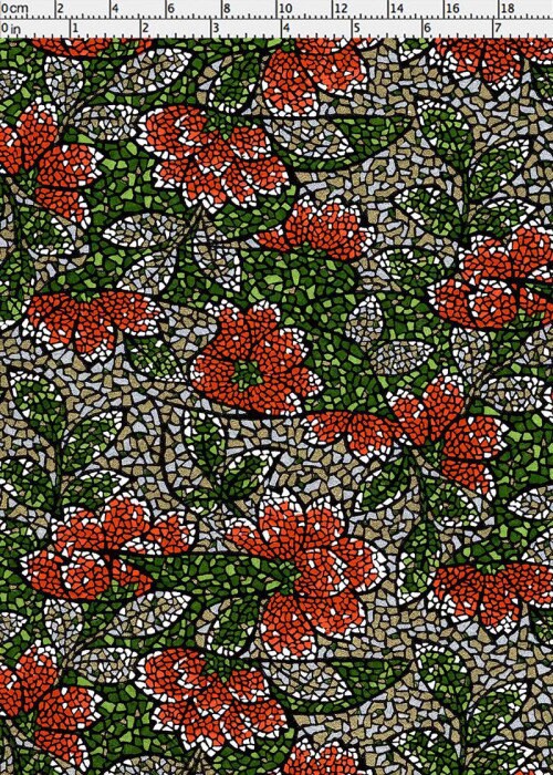 Floral patterned chiyogami paper with red flowers and green leaves on a textured background with a ruler for scale