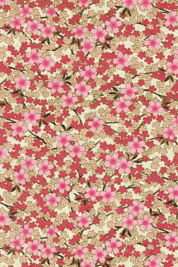 Chiyogami paper with Floral pattern with pink flowers on a beige background