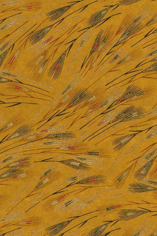 Patterned chiyogami paper with feather designs on a yellow background