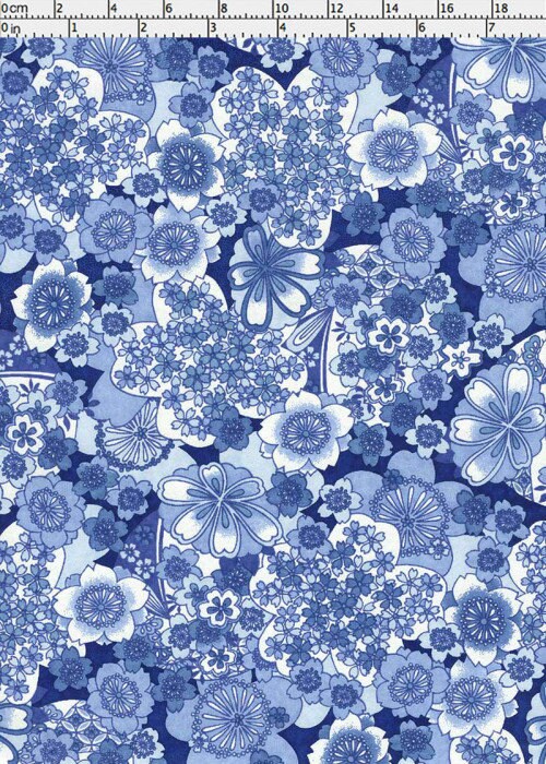 Floral pattern chiyogami paper with blue flowers on a blue background