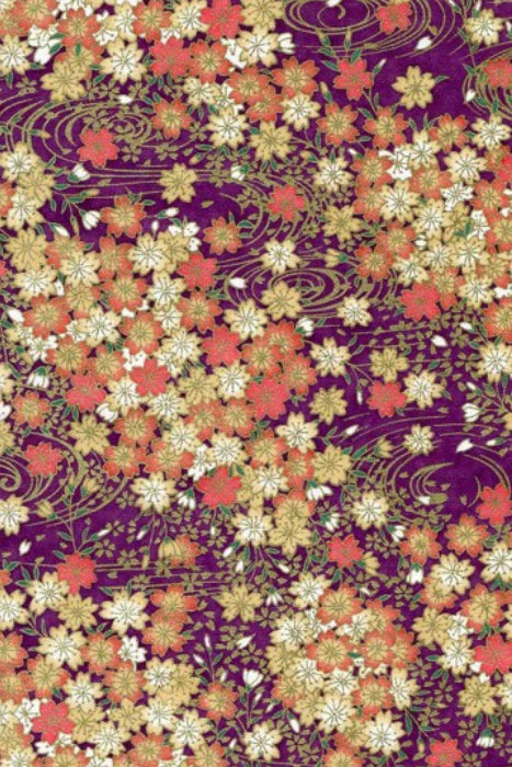 Floral pattern with orange, white, and red flowers on a purple background