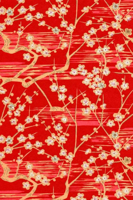 Decorative design with gold floral branches on a red background