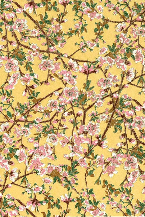 Floral pattern with pink flowers and green leaves on a yellow background