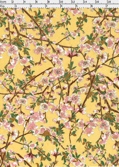 Floral pattern with pink flowers and green leaves on a yellow background