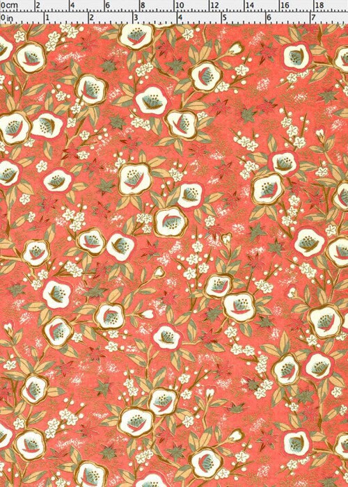 Floral pattern on a coral background with a ruler at the top.