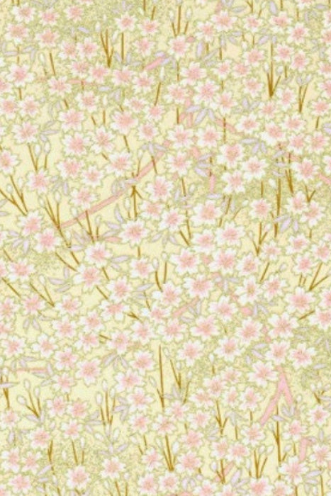 Chiyogami paper with Pattern of small pink flowers and green leaves on a light green background