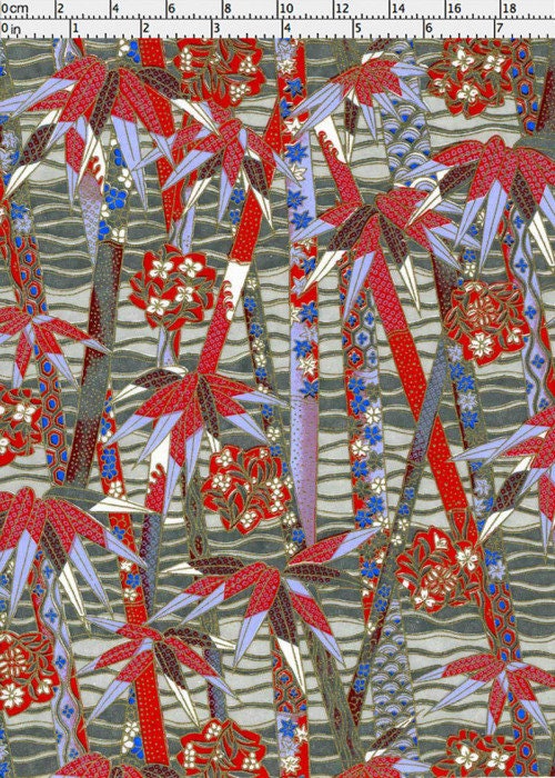 Decorative  chiyogami paper with red, blue, and white floral patterns on a gray background