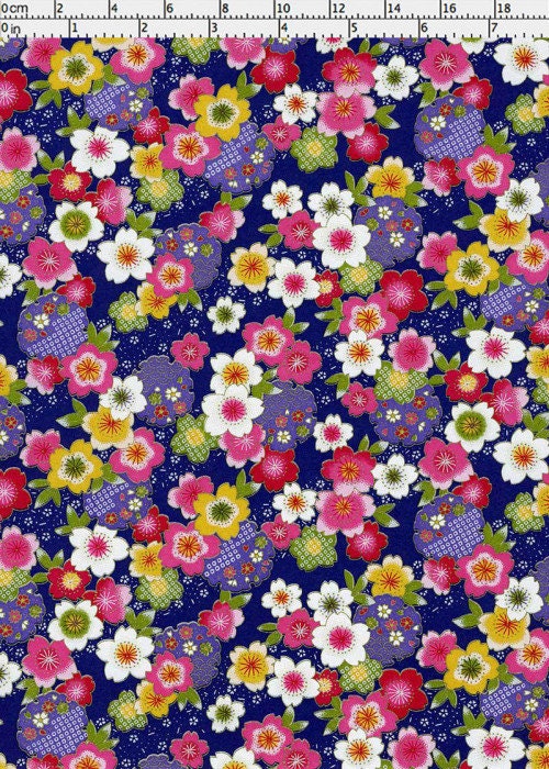 Chiyogami paper with Colorful floral pattern on a blue background