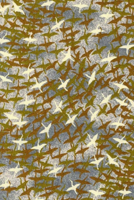 Patterned chiyogami paper with birds and branches on a multicolor background