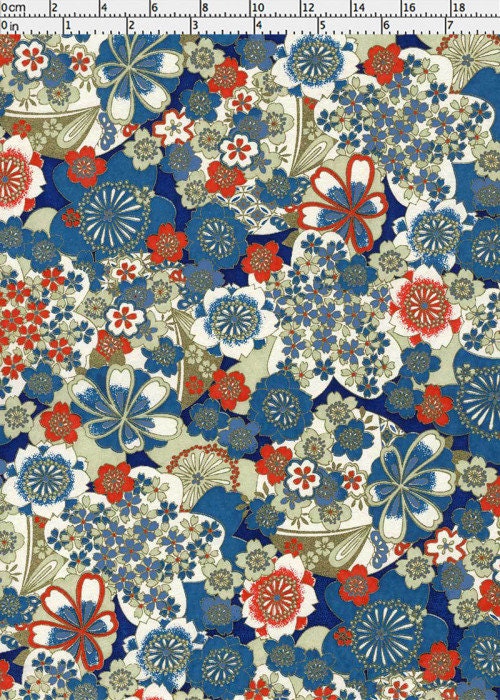 Floral pattern Chiyogami paper with blue, red, and beige colors on a white background.