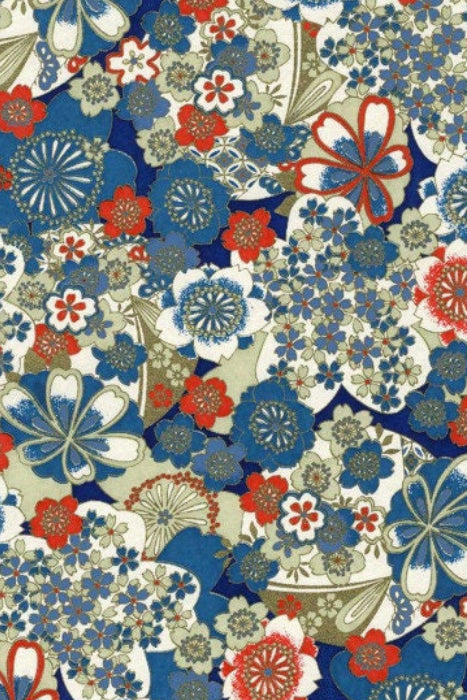Chiyogami paper with Colorful floral and geometric pattern on a blue background