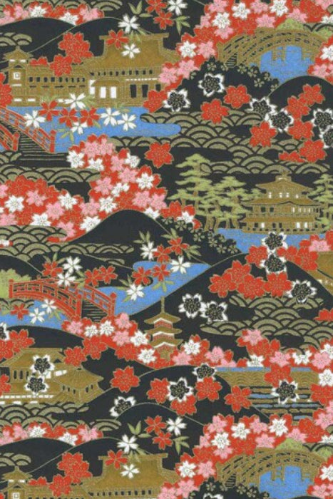 Chiyogami paper with Traditional Japanese pattern with cherry blossoms, temples, and bridges on a black background.