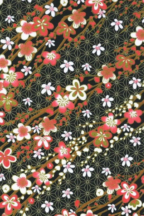 Floral pattern with red, pink, and white flowers on a black background