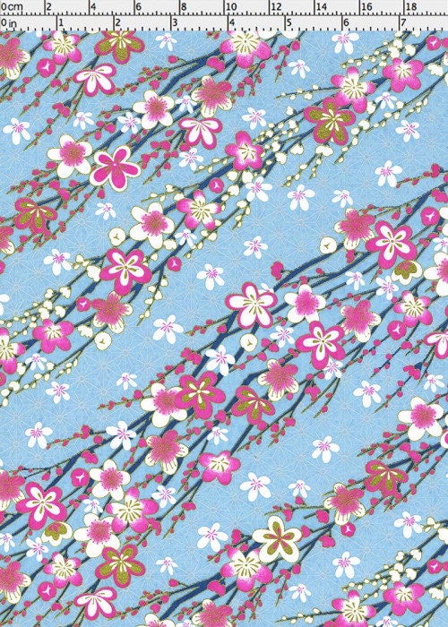 Chiyogami paper with floral pattern with pink and white flowers on a blue background with a ruler