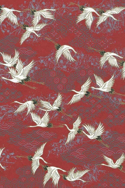 Pattern of white birds on a red background with decorative elements