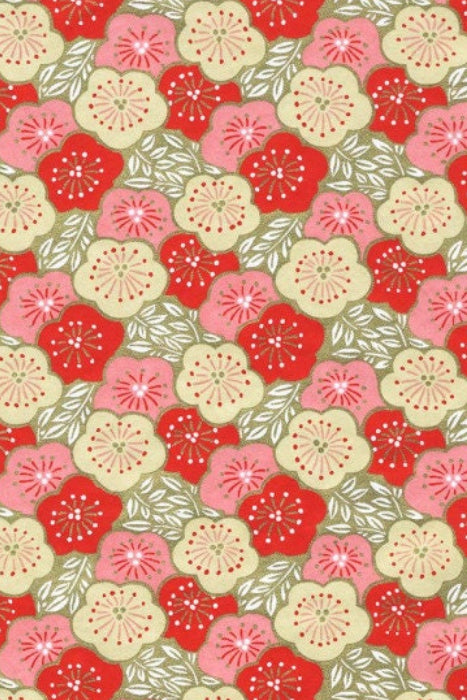 Chiyogami paper Pattern of red, pink, and beige flowers on a green background