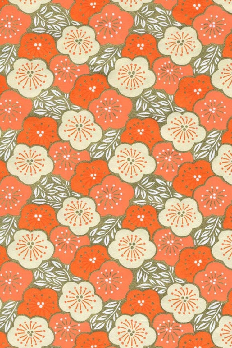 Chiyogami paper Pattern of orange and beige flowers with green leaves on a floral background