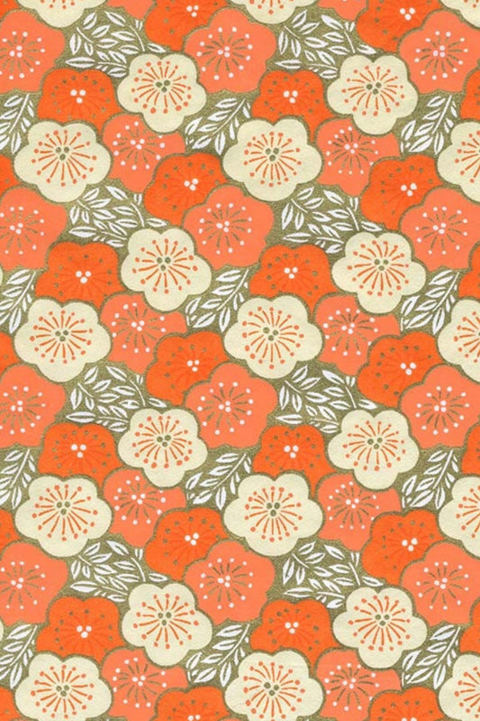 Chiyogami paper Pattern of orange and beige flowers with green leaves on a floral background