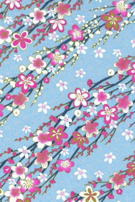 Chiyogami paper with floral pattern with pink and white flowers on a blue background