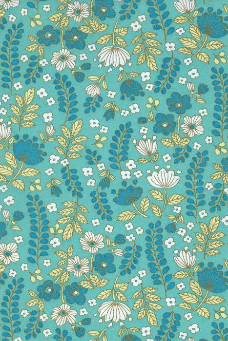Floral pattern with blue, green, and white flowers on a teal background