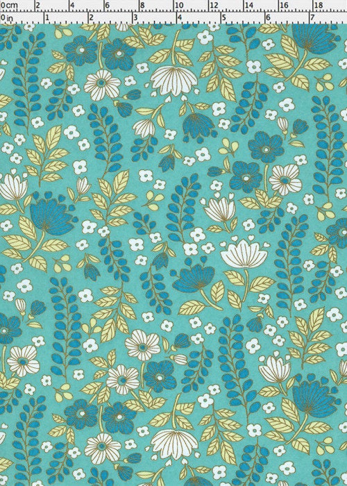 Floral pattern  chiyogami paper with blue, green, and white flowers on a teal background