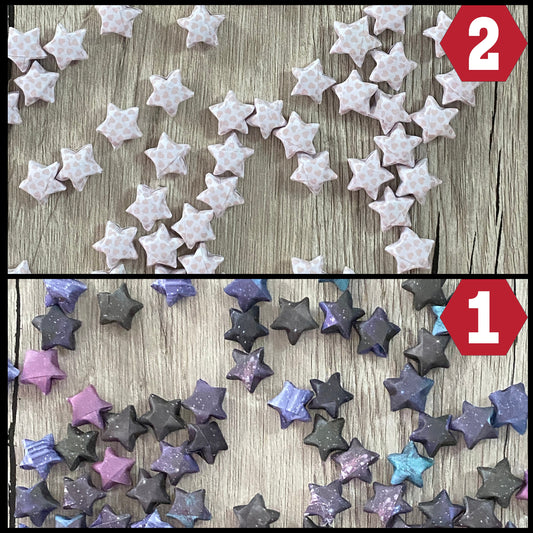 100 gefaltete Glückststerne, Papiersterne, Origamisterne, Dekosterne, handgemacht Farblich sortiert