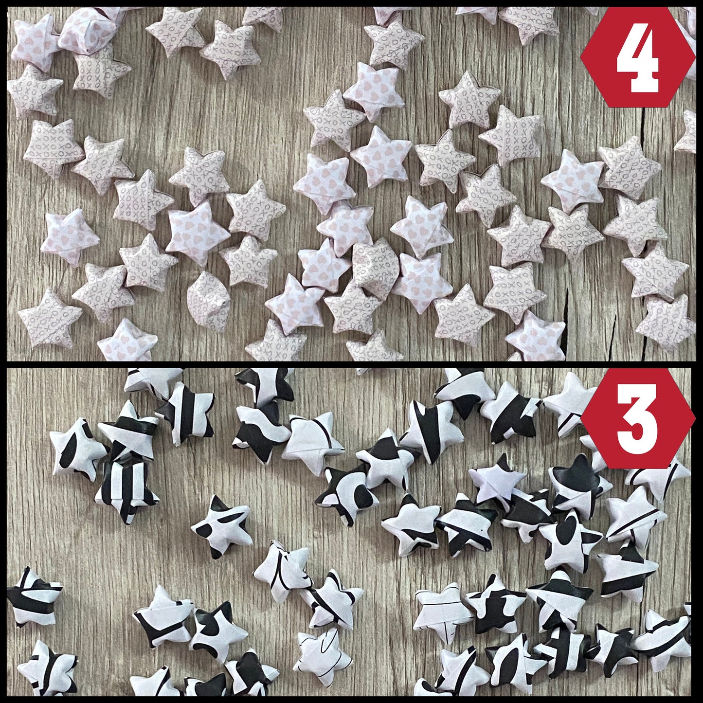 100 gefaltete Glückststerne, Papiersterne, Origamisterne, Dekosterne, handgemacht Farblich sortiert