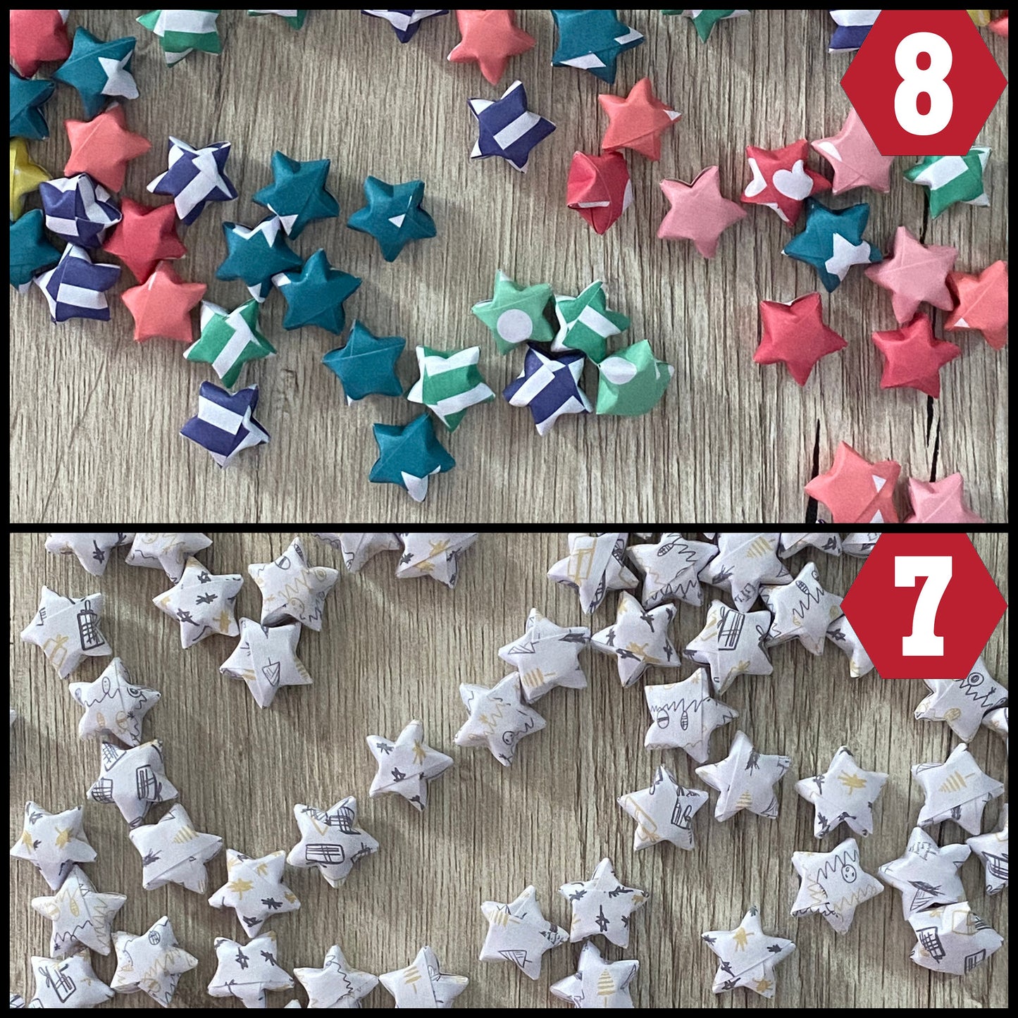 100 gefaltete Glückststerne, Papiersterne, Origamisterne, Dekosterne, handgemacht Farblich sortiert