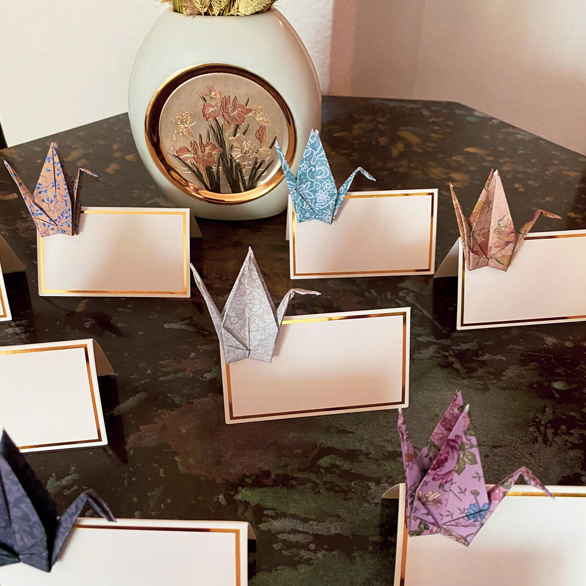 Origami crane place cards, set of 10, folded from flower-pattern paper