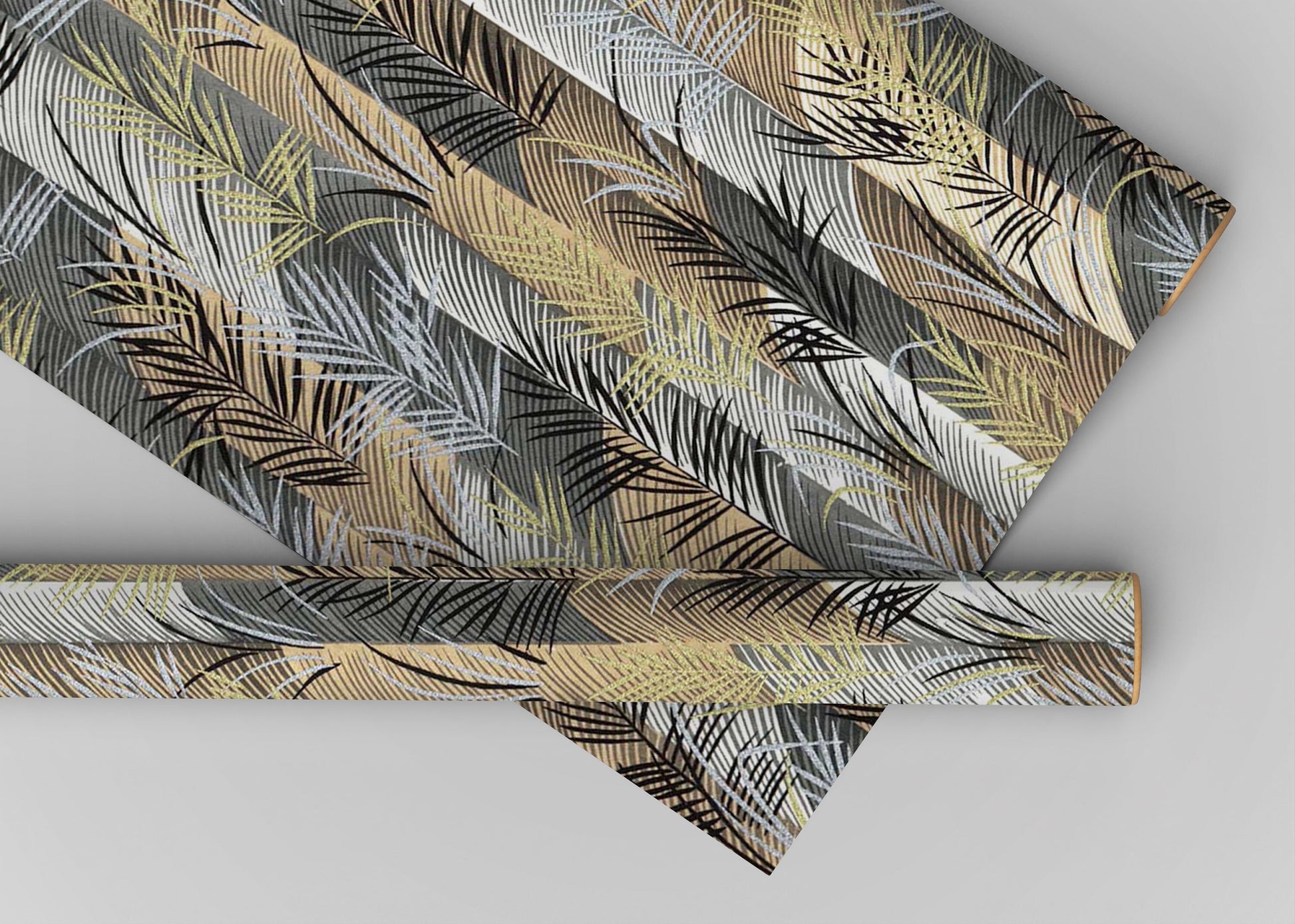 Decorative chiyogami paper with a feather pattern on a gray background