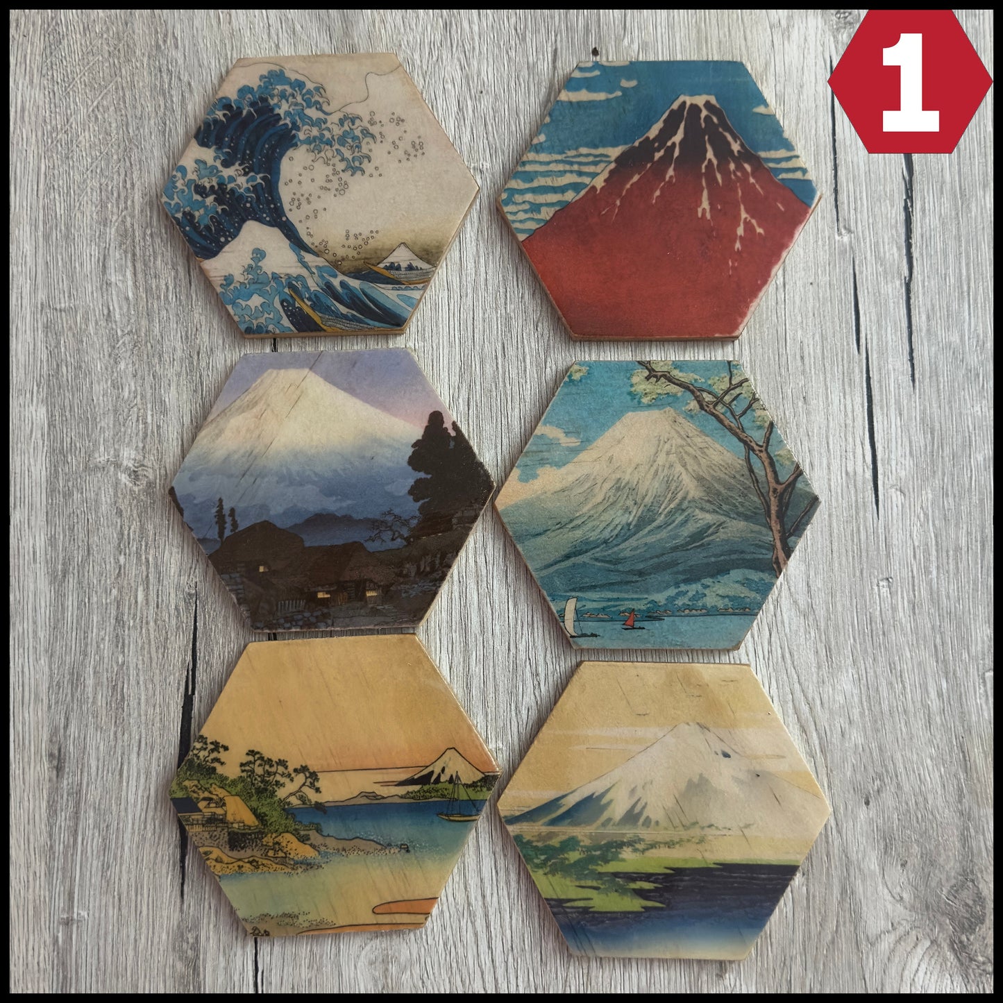 Set of 6 Wooden Coasters Hexagon | Japanese Coasters Coffee Tea Wine Mount Fuji Chiyogami | Christmas gifts family