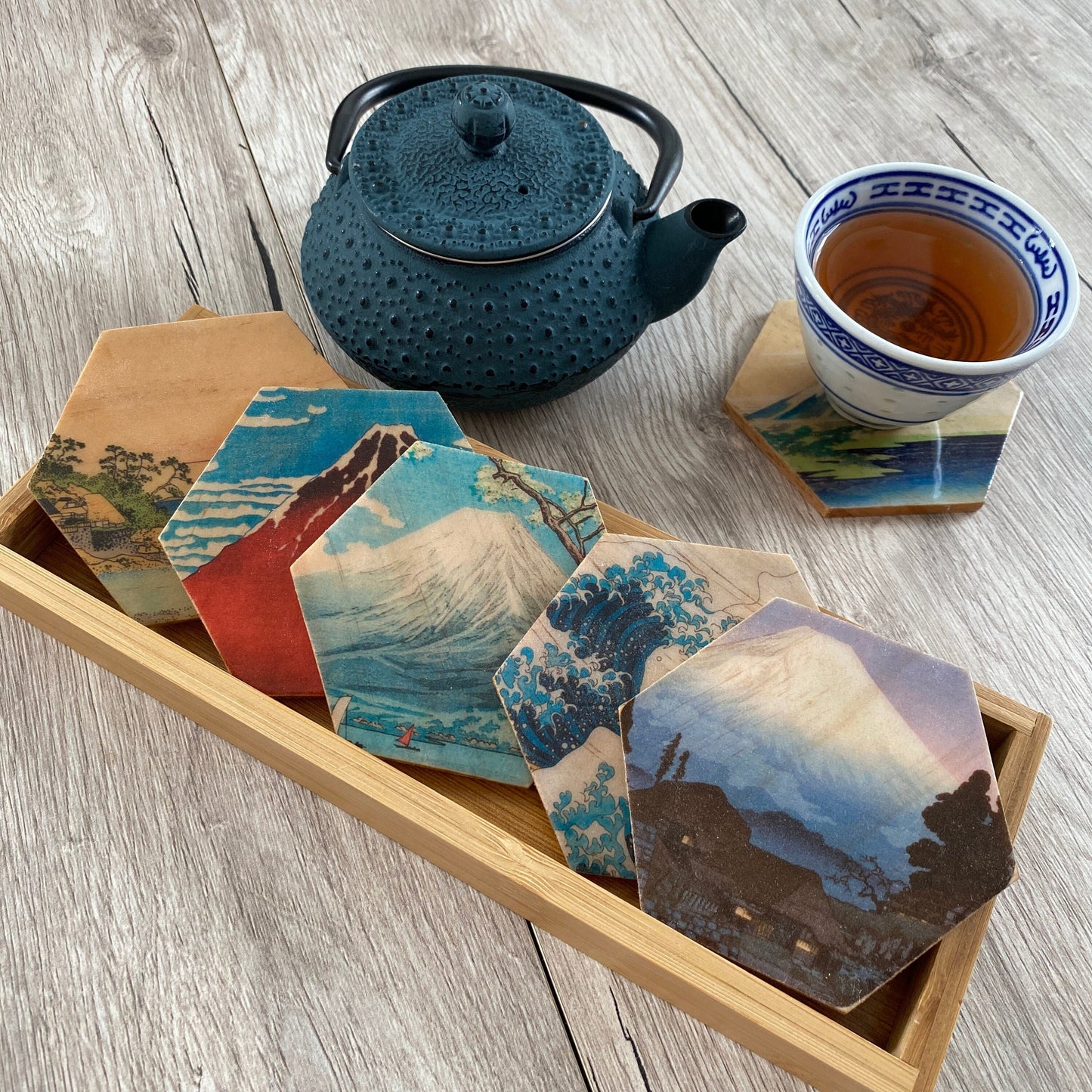 Set of 6 Wooden Coasters Hexagon | Japanese Coasters Coffee Tea Wine Mount Fuji Chiyogami | Christmas gifts family