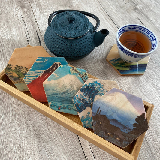 Set of 6 Wooden Coasters Hexagon | Japanese Coasters Coffee Tea Wine Mount Fuji Chiyogami | Christmas gifts family