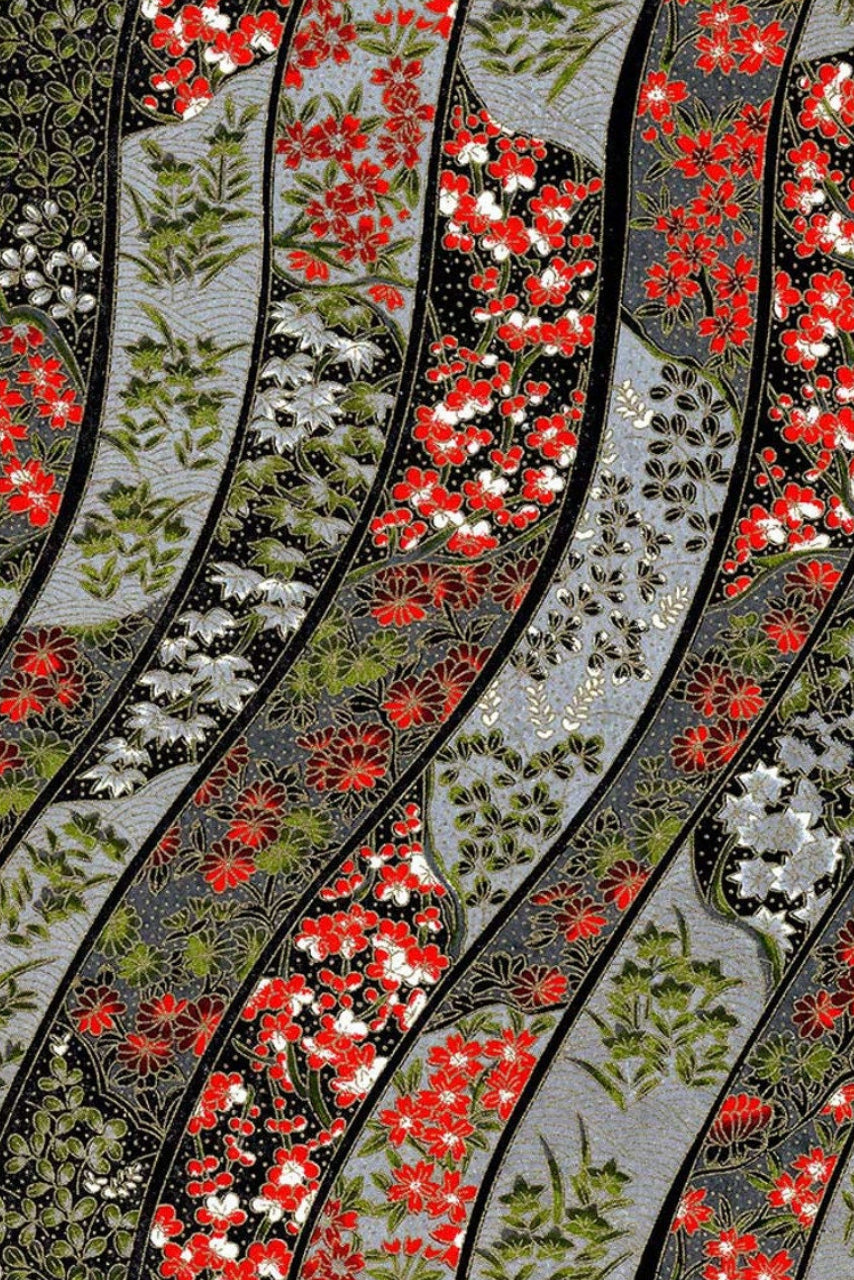 Decorative fabric with red floral pattern on a gray background