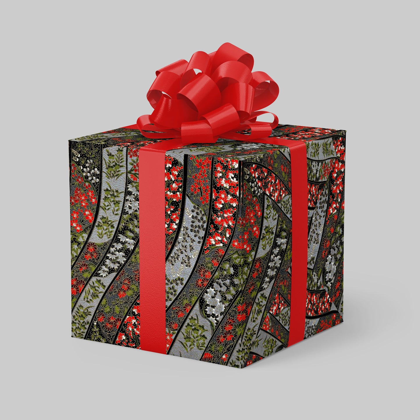 Gift box with floral pattern and red ribbon on a gray background