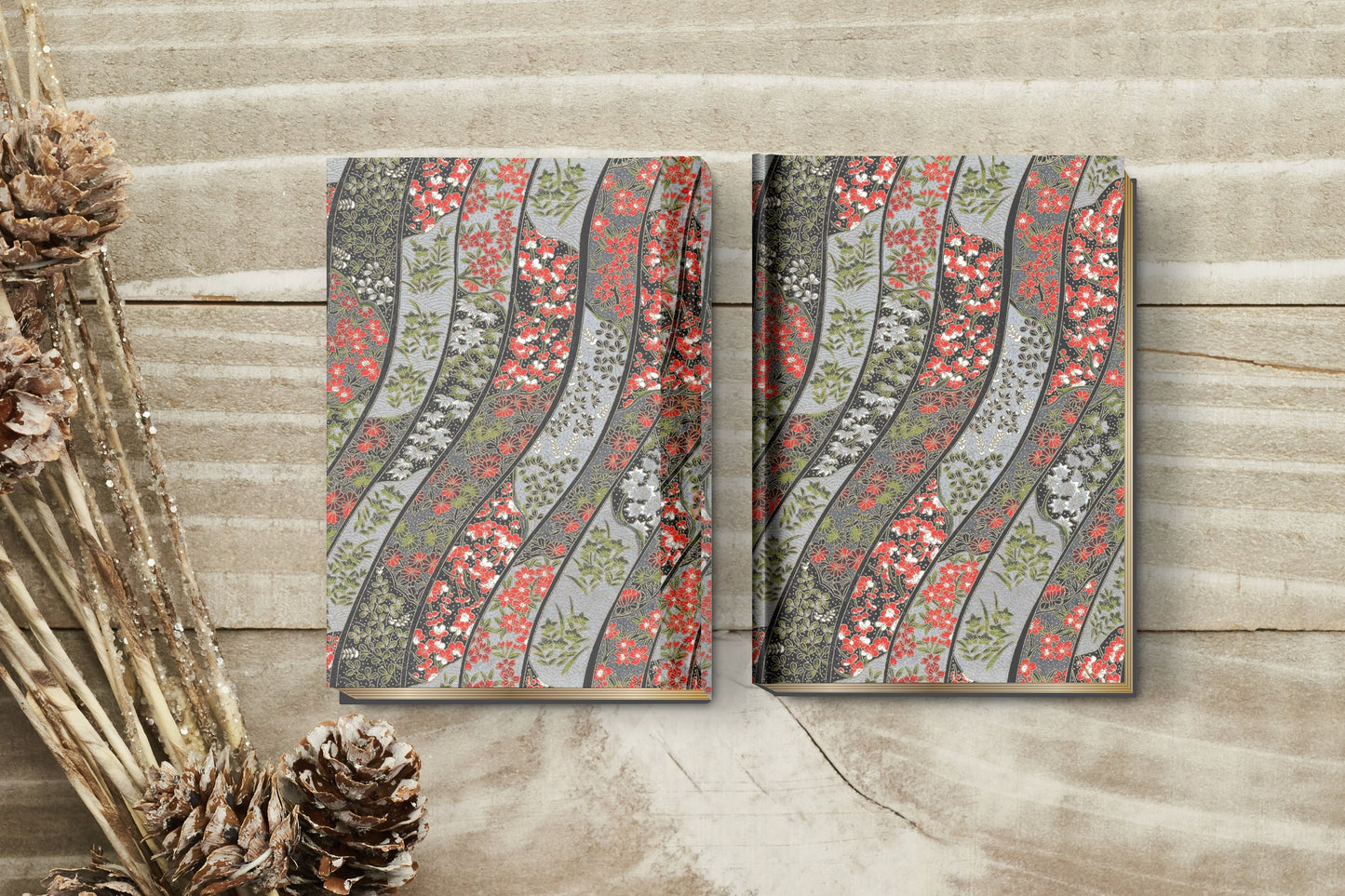 Two decorative panels with floral pattern on a wooden surface