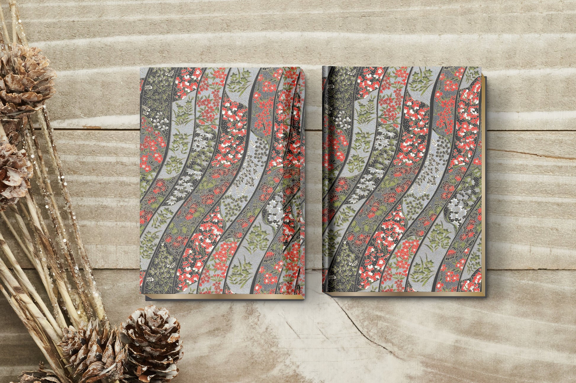 Two decorative panels with floral pattern on a wooden surface