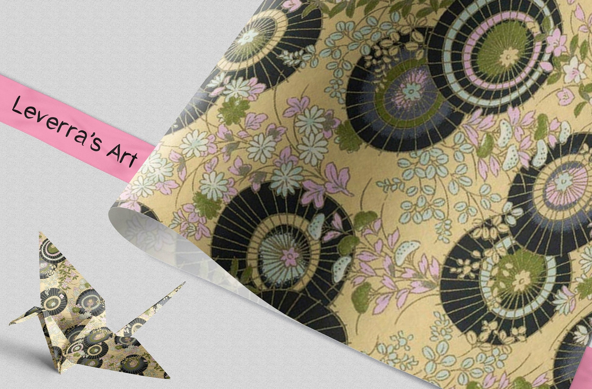 Decorative chiyogami paper with floral and circular patterns and 'Leverra's Art' label, featuring an origami crane.