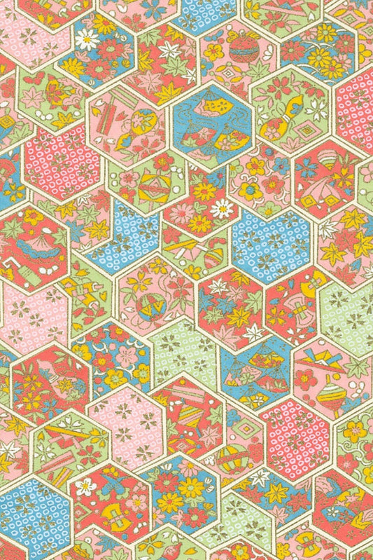 Chiyogami paper hexagonal pattern with colorful floral and animal designs on a light background