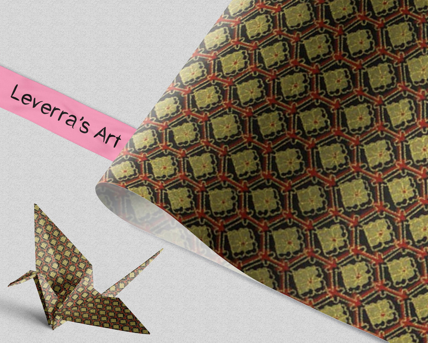 Decorative chiyogami paper with geometrical patterns and a folded paper crane on a light gray background, featuring 'Leverra's Art' branding.