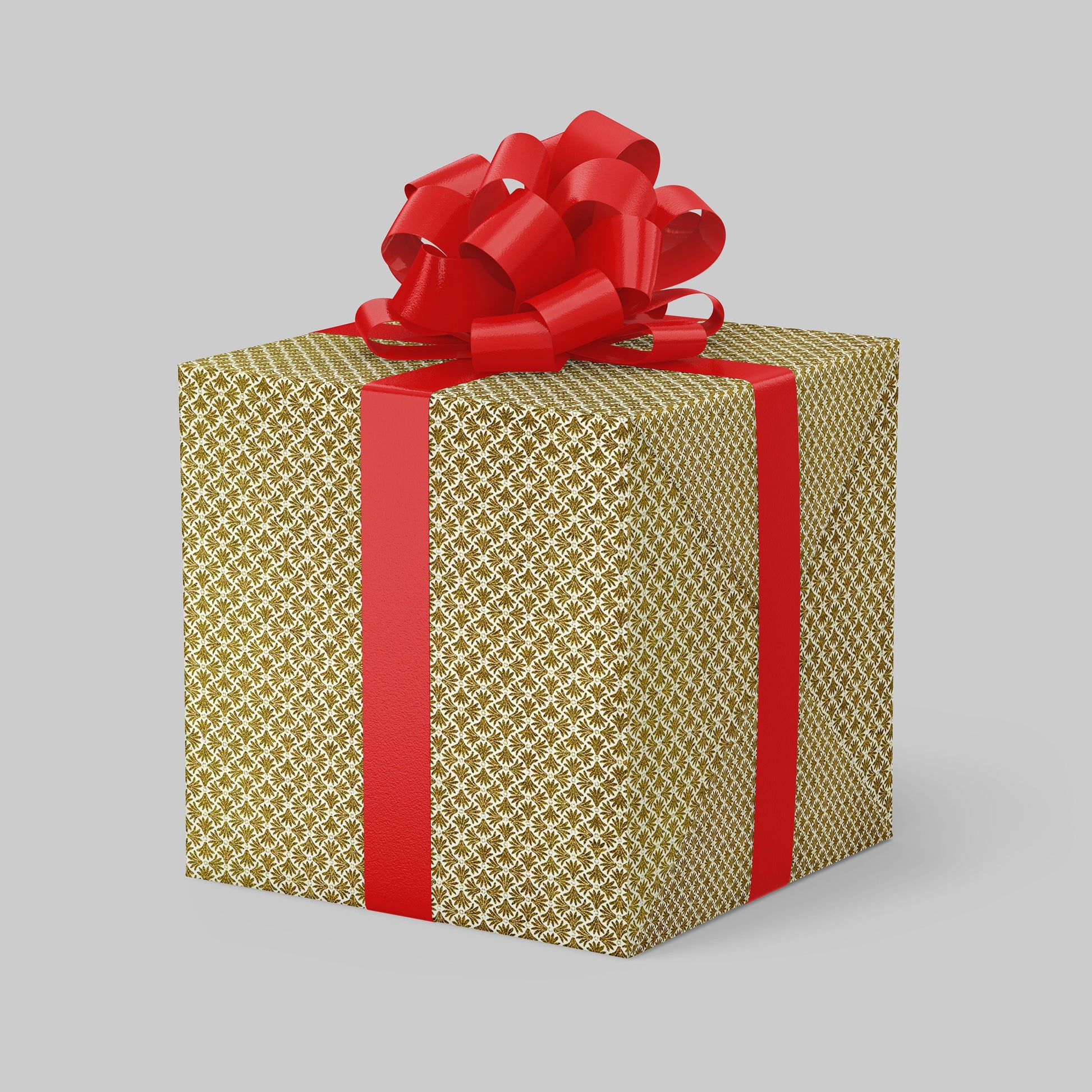 Gift box with gold pattern and red ribbon on a gray background
